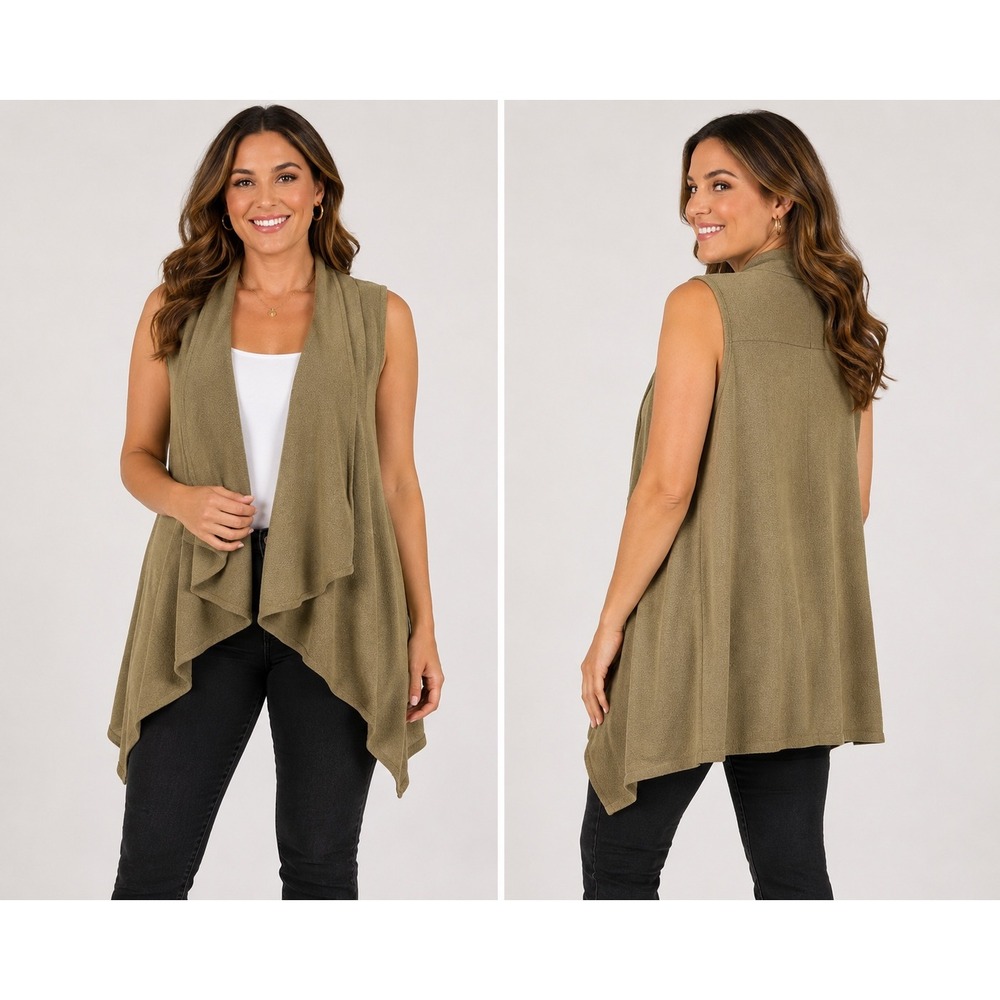 Lush Womens Olive Green Draped Open Front‎ Waterfall Vest Size Large T11475-003
